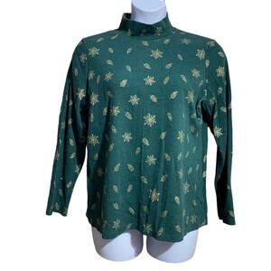 Karen Scott forrest green with gold pine cones and snowflakes mock neck top - XL